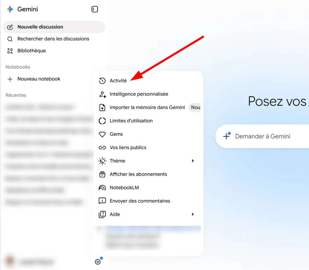 Section "Activité" Google Gemini
