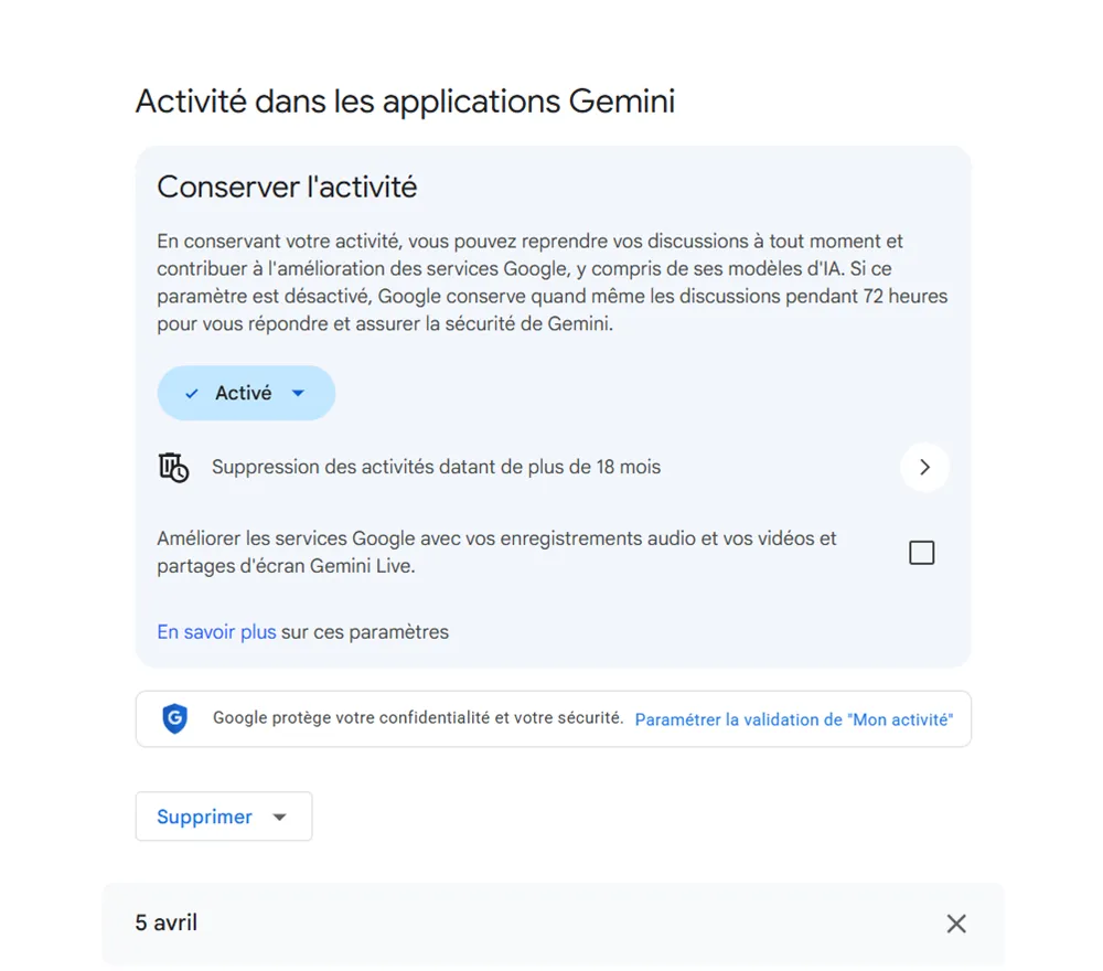 Conserver l'activité dans Google Gemini
