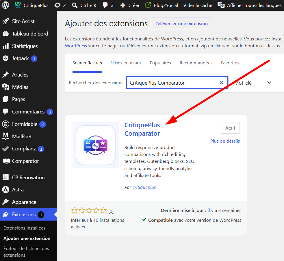 Répertoire de WordPress montrant le plugin CritiquePlus Comparator
