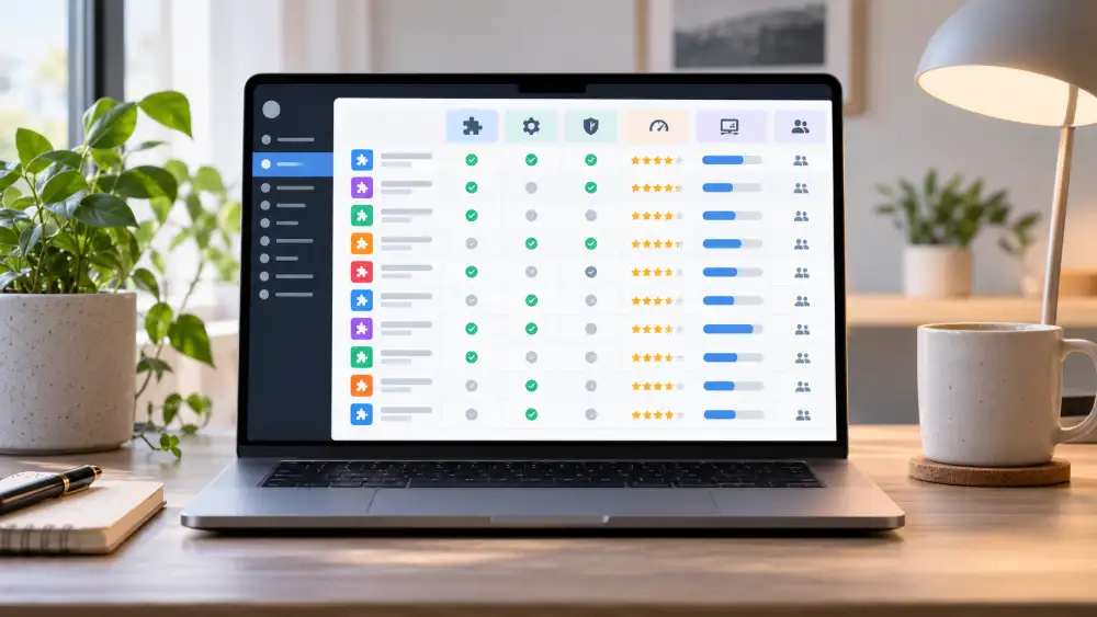 Tableau comparatif des 25 meilleurs plugins WordPress en 2026 avec catégorie, version gratuite, point fort et limite