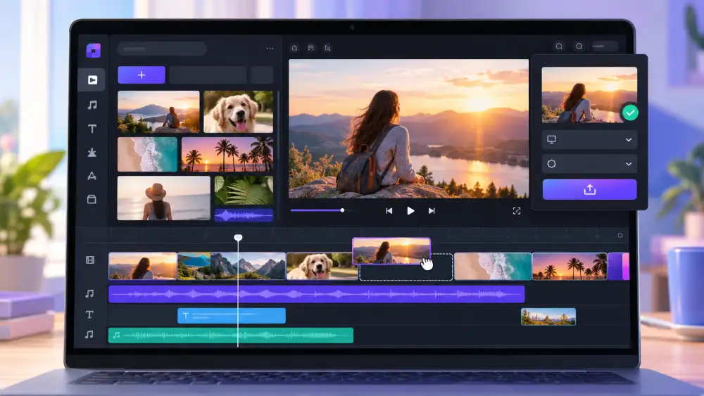 Interface de Clipchamp, logiciel vidéo gratuit intégré à Windows avec export 1080p sans filigrane