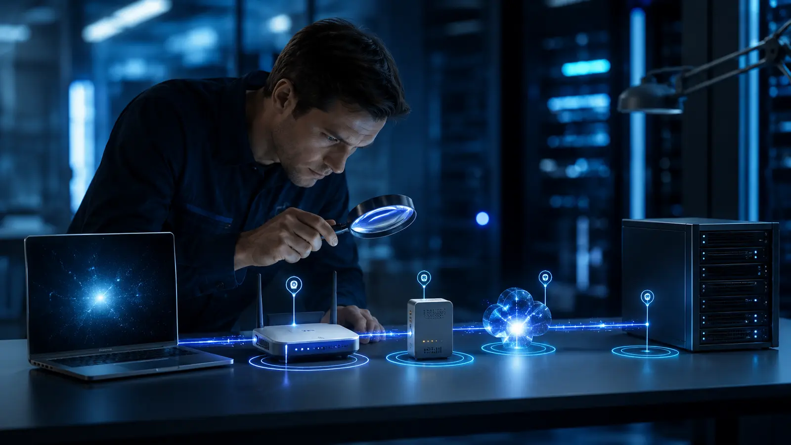 Comment réparer l’erreur « ERR_CONNECTION_RESET » sur votre navigateur ? 4 Technicien inspectant chaque maillon entre ordinateur, routeur, fournisseur d’accès et serveur.