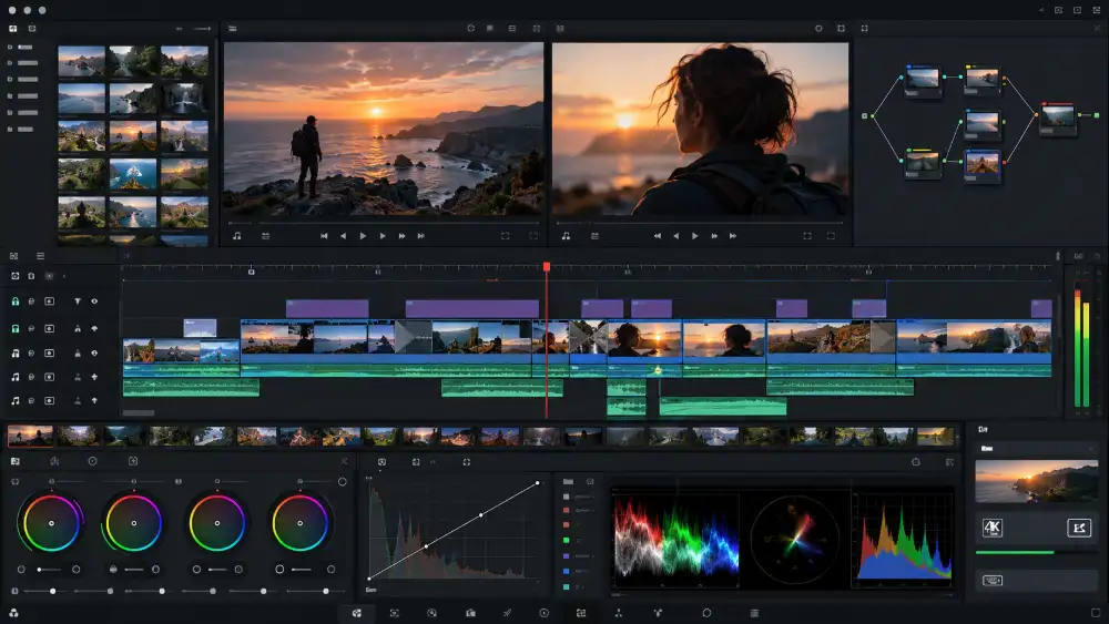 Interface de DaVinci Resolve, logiciel vidéo gratuit avec montage multipiste et export 4K