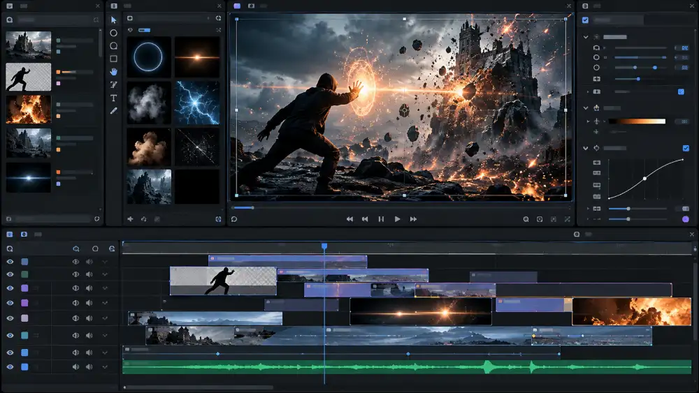 Interface de HitFilm Express, logiciel vidéo gratuit pour les effets visuels et la composition
