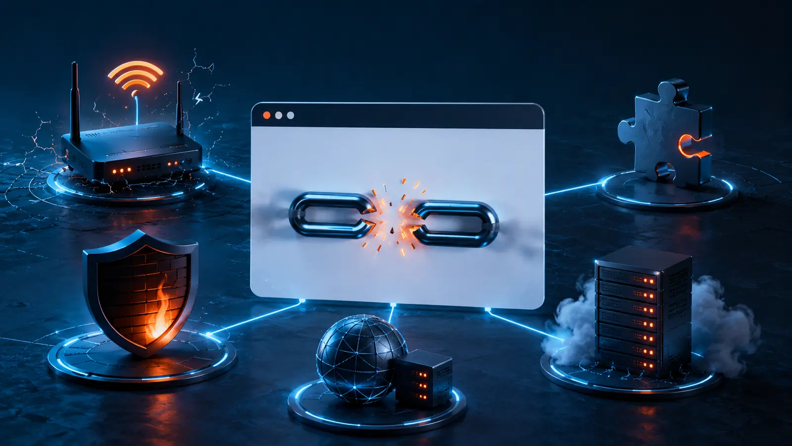 Comment réparer l’erreur « ERR_CONNECTION_RESET » sur votre navigateur ? 3 Navigateur entouré des causes possibles d’une connexion réinitialisée : routeur, extension, pare-feu et serveur.