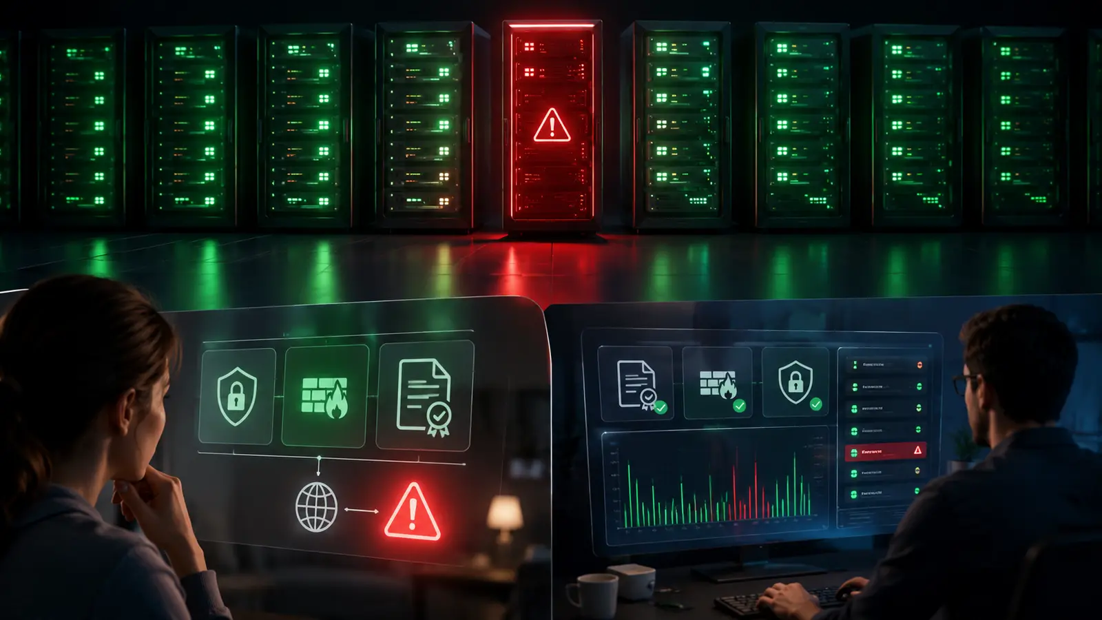 Comment réparer l’erreur « ERR_CONNECTION_RESET » sur votre navigateur ? 11 Un serveur en panne parmi plusieurs serveurs opérationnels, observé par un utilisateur et un administrateur.