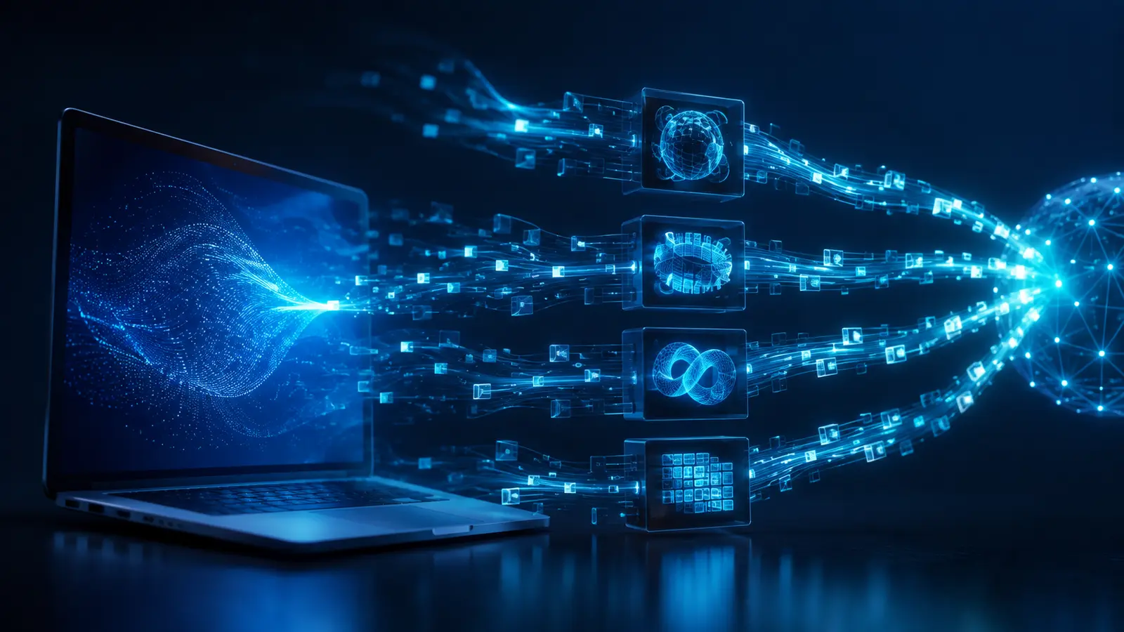 Comment réparer l’erreur « ERR_CONNECTION_RESET » sur votre navigateur ? 9 Paquets réseau réorganisés pour symboliser la réparation du DNS, de l’adresse IP, de Winsock et de TCP/IP.