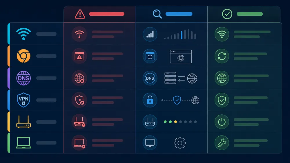 ERR_NETWORK_CHANGED : que signifie cette erreur et comment la corriger ? 6 Tableau de diagnostic : cause probable, test rapide et solution
