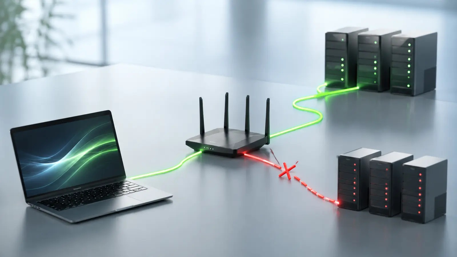 Comment réparer l’erreur « ERR_CONNECTION_RESET » sur votre navigateur ? 5 Ordinateur et routeur reliés à des serveurs accessibles et à un serveur dont le chemin est interrompu.