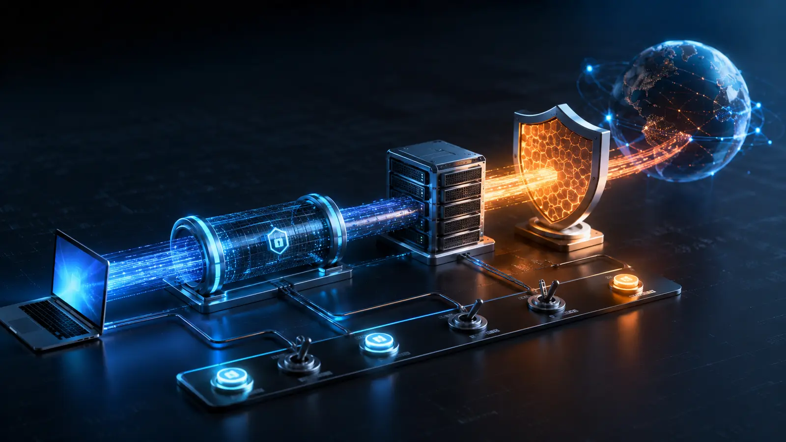 Comment réparer l’erreur « ERR_CONNECTION_RESET » sur votre navigateur ? 8 Flux réseau traversant un tunnel VPN, un serveur proxy et un bouclier pare-feu pendant un test de diagnostic.