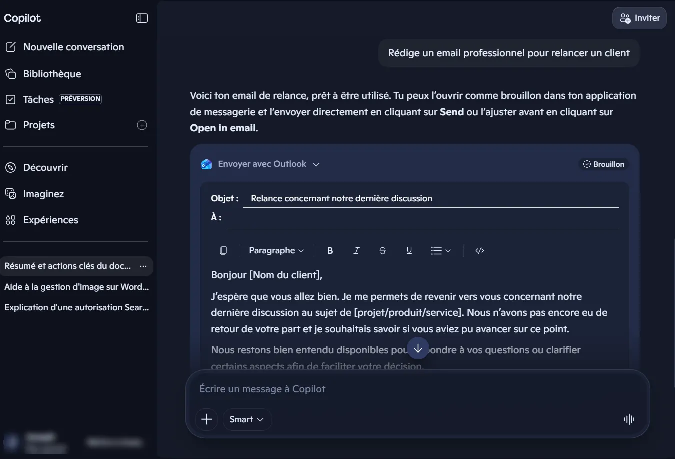Ecrire un mail avec Microsoft Copilot
