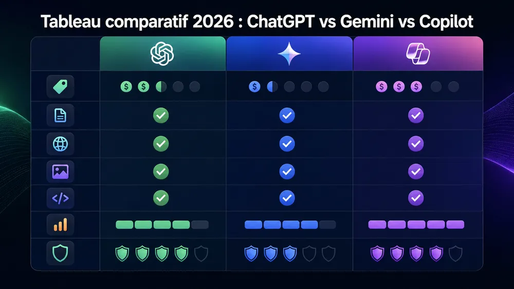 Tableau comparatif 2026 : ChatGPT vs Gemini vs Copilot