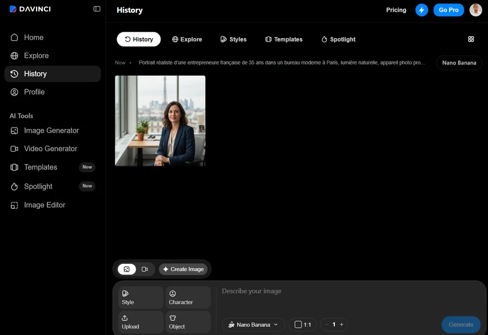 Générer une image avec DaVinci AI