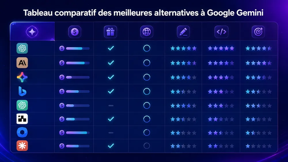 Tableau comparatif des meilleures alternatives à Google Gemini