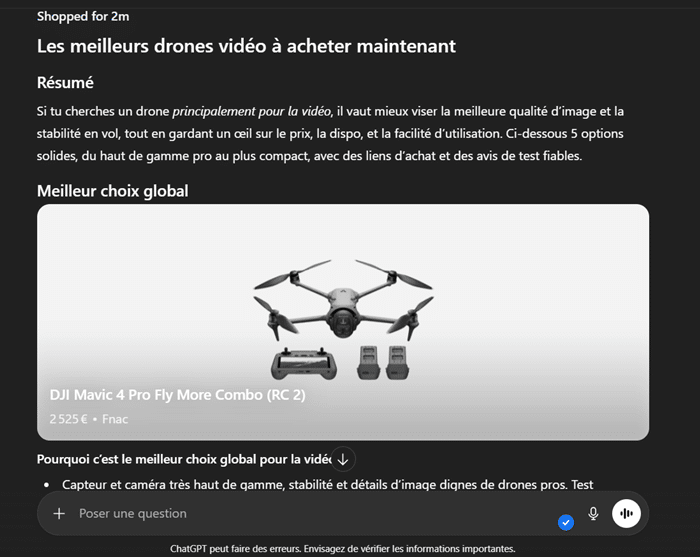 Résultats de l'assistant shopping ChatGPT