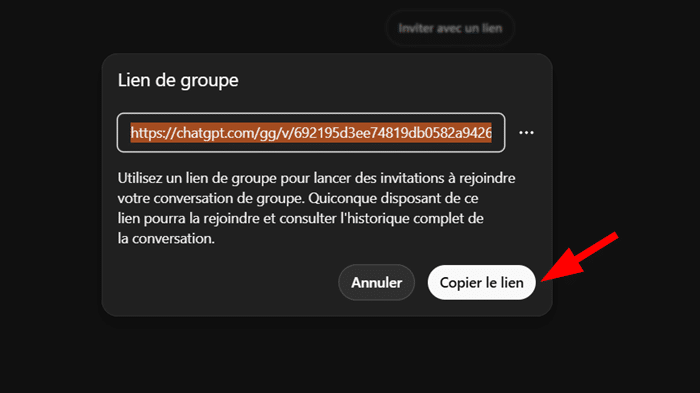 ChatGPT Compte : Copier le lien de conversation