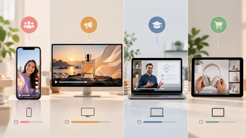 Comment créer une vidéo avec l'IA : le tutoriel complet en 7 étapes 3 Comment créer une vidéo avec l'IA : Tableau de choix du format vidéo IA selon l'objectif, la durée et le ratio : réseaux sociaux, publicité, formation, démo produit