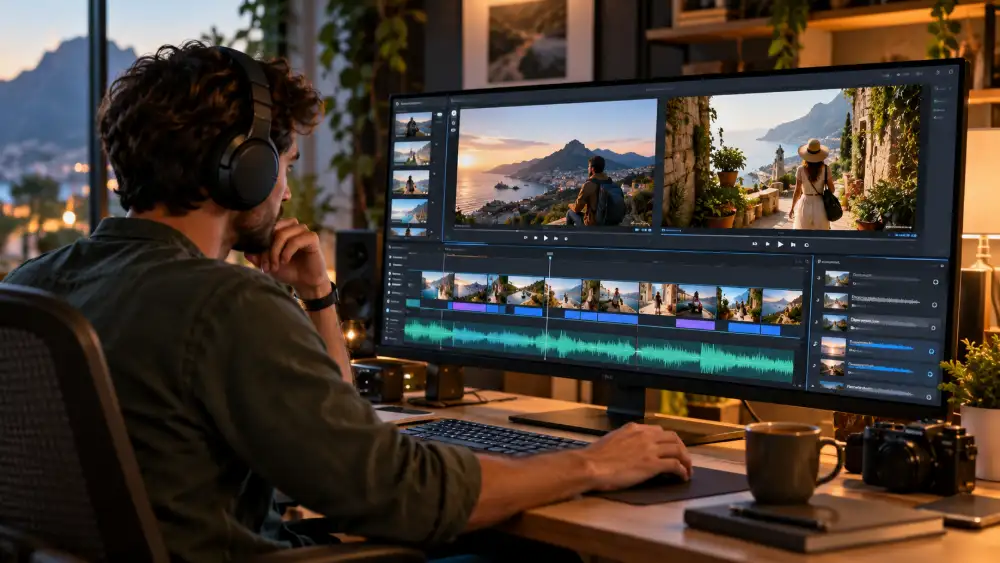 Comment créer une vidéo avec l'IA : le tutoriel complet en 7 étapes 11 Montage d'une vidéo IA : rythme des plans, cohérence visuelle et choix de la musique avec Veed.io et Kapwing