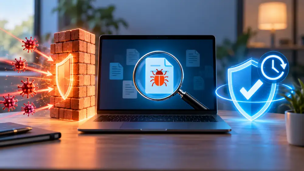 Schéma des trois couches de défense d'un site WordPress : pare-feu, scan de malwares et protection temps réel 