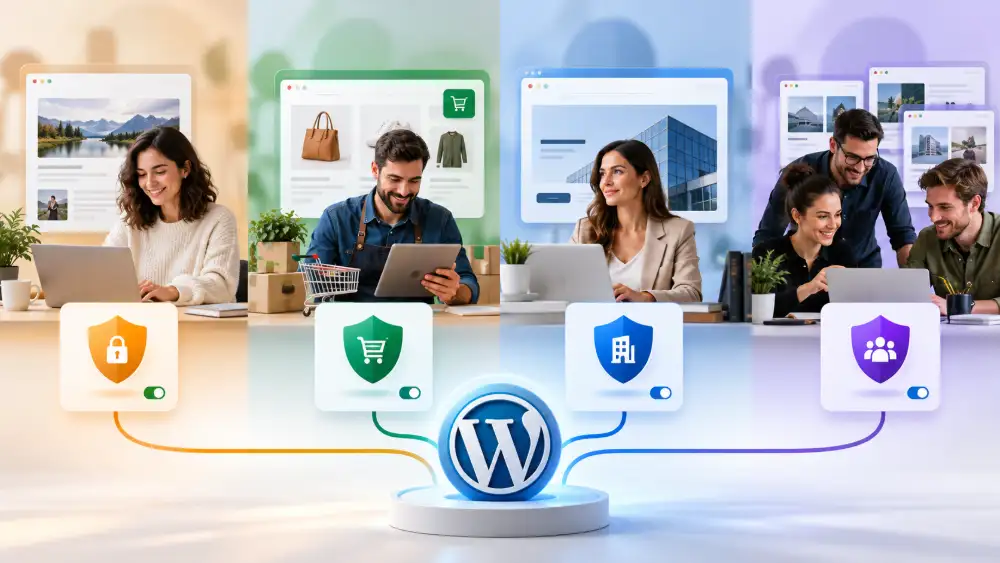 Tableau de recommandation d'un plugin de sécurité WordPress selon le profil : blogueur, e-commerce, site vitrine, agence