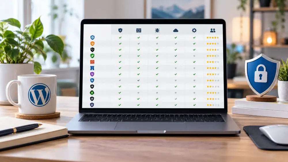 Tableau comparatif des 13 meilleurs plugins de sécurité WordPress en 2026 : version gratuite, type de protection, point fort et limite