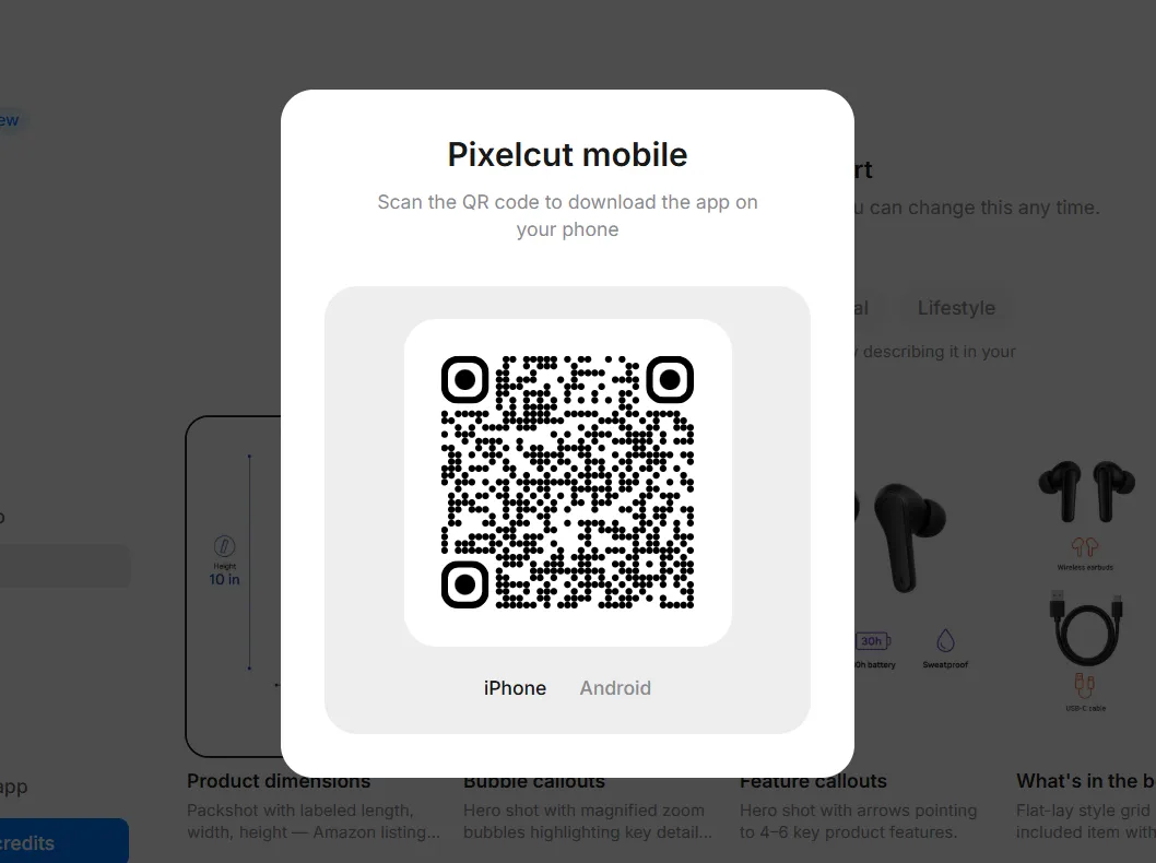 Pixelcut avis 2026 : notre prise en main de l’éditeur photo et vidéo IA 4 QR code de téléchargement de Pixelcut pour iPhone et Android
