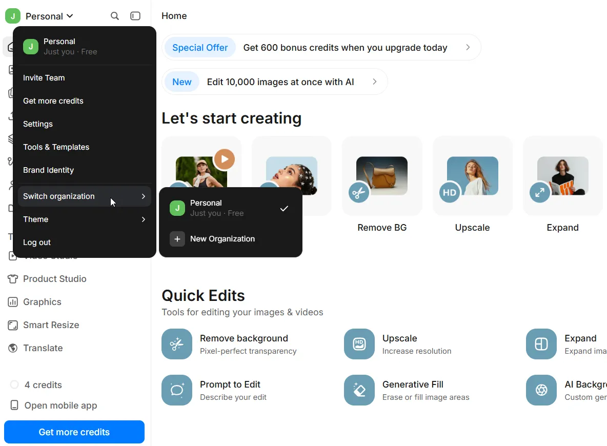 Pixelcut avis 2026 : notre prise en main de l’éditeur photo et vidéo IA 6 Menu du profil et des organisations dans Pixelcut