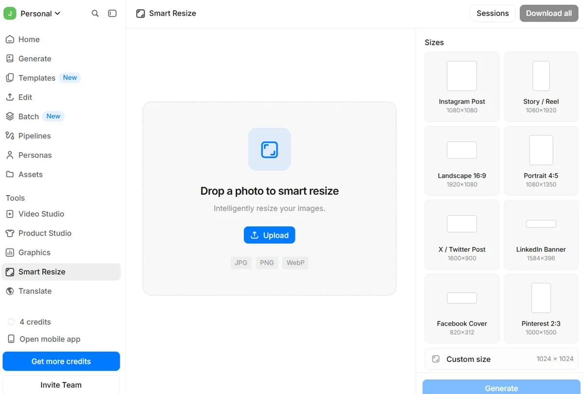 Pixelcut avis 2026 : notre prise en main de l’éditeur photo et vidéo IA 15 Interface Smart Resize de Pixelcut avec formats Instagram LinkedIn Facebook et Pinterest
