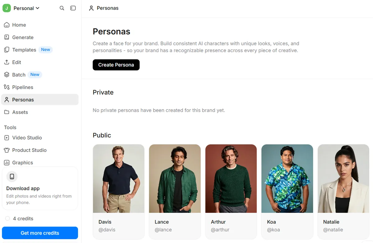 Pixelcut avis 2026 : notre prise en main de l’éditeur photo et vidéo IA 17 Page Personas de Pixelcut avec bouton Create Persona et personnages IA publics
