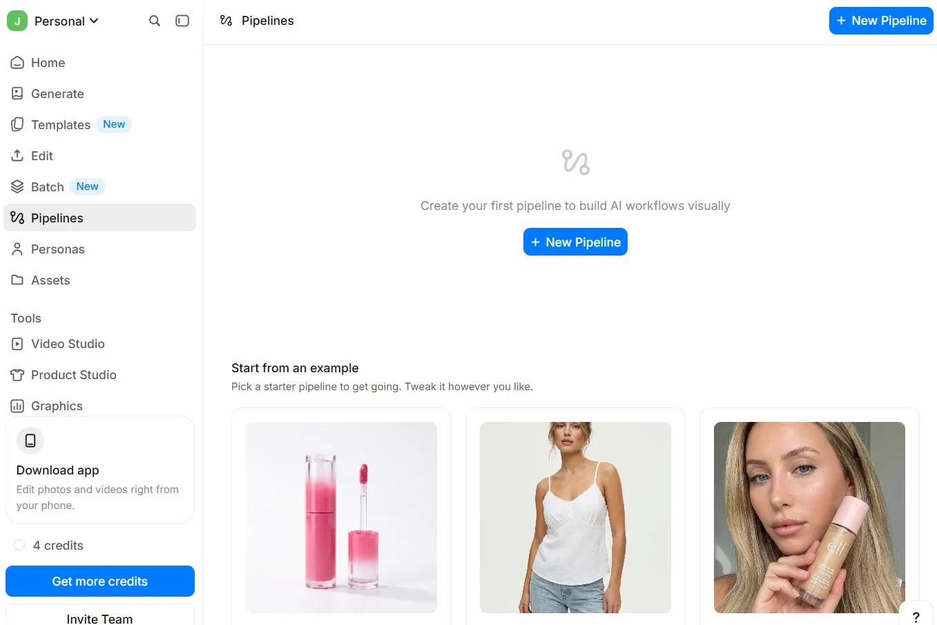 Pixelcut avis 2026 : notre prise en main de l’éditeur photo et vidéo IA 18 Interface Pipelines de Pixelcut avec bouton New Pipeline et workflows de départ