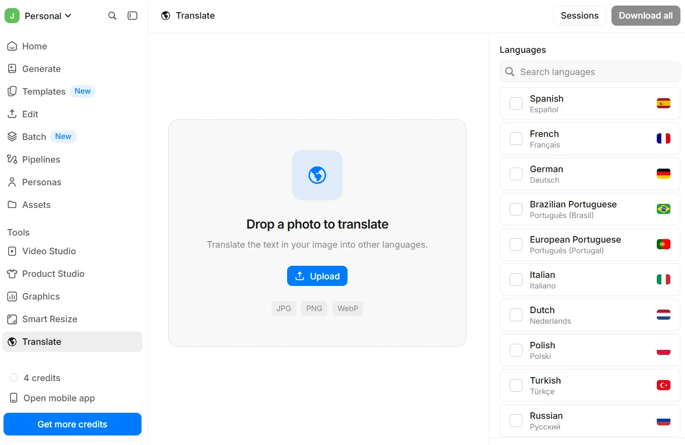 Pixelcut avis 2026 : notre prise en main de l’éditeur photo et vidéo IA 16 Outil Pixelcut Translate avec français espagnol allemand portugais et autres langues