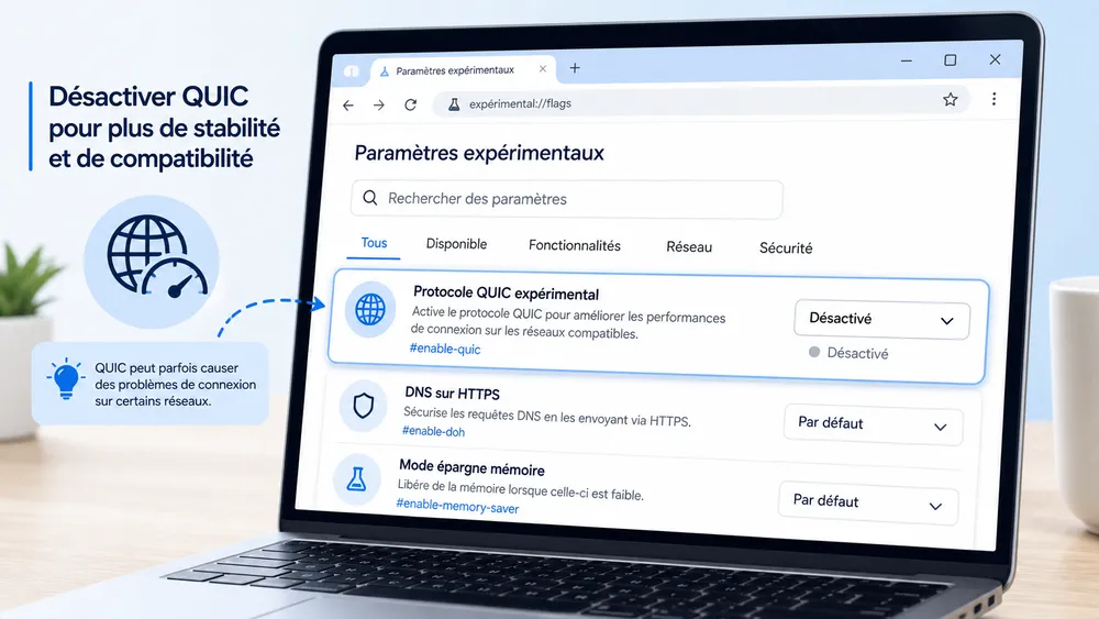 Solution 1 : désactiver QUIC dans Chrome