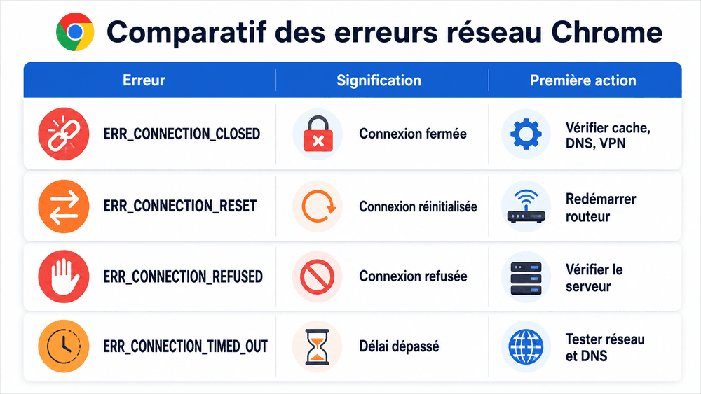 Différences avec ERR_CONNECTION_RESET, ERR_CONNECTION_REFUSED et ERR_CONNECTION_TIMED_OUT