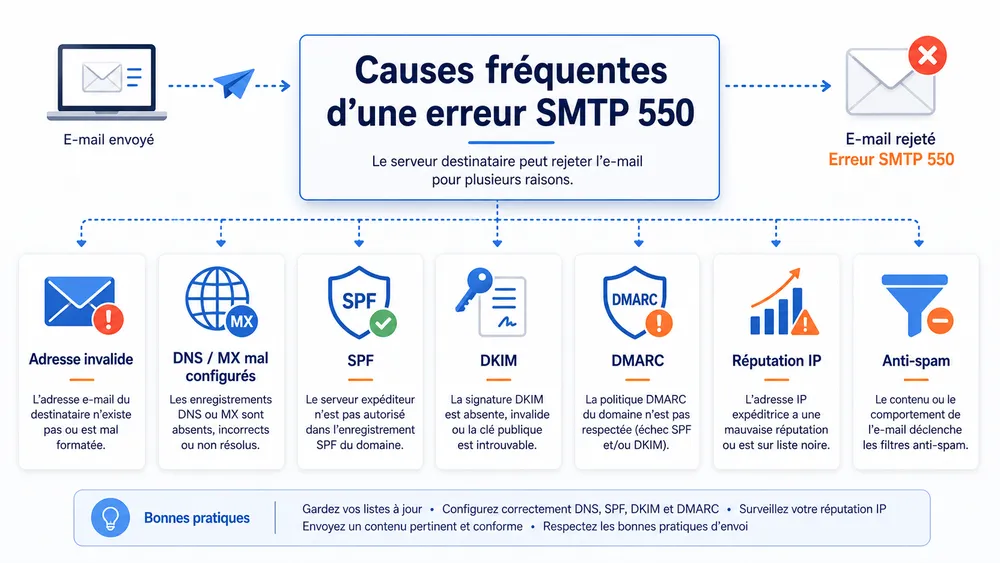 Les causes les plus fréquentes d’une erreur SMTP 550