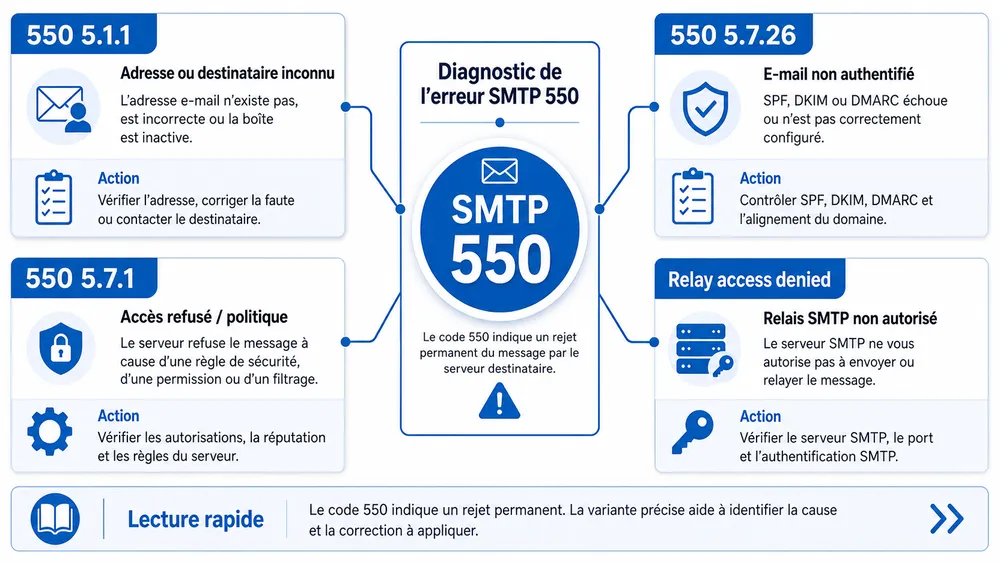 Tableau de diagnostic : que veut dire votre message SMTP 550 ?