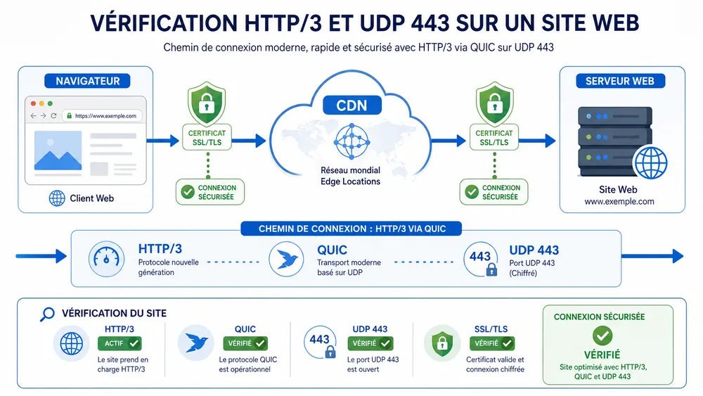 Solution 8 : vérifier le port UDP 443 et HTTP/3 si vous gérez le site