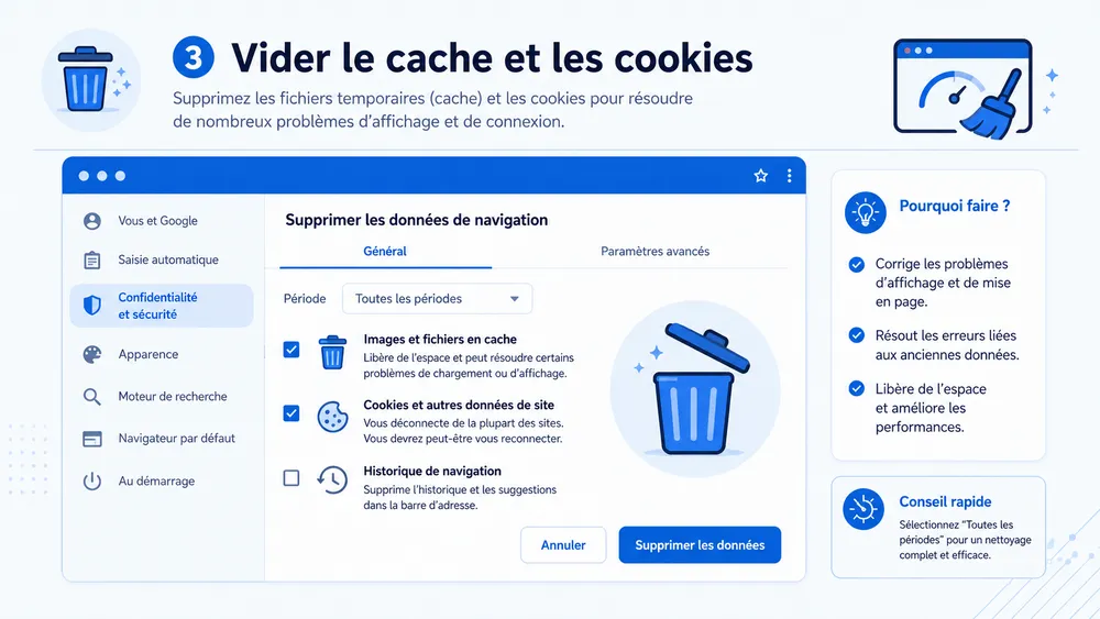 Solution 2 : vider le cache et les cookies de Chrome