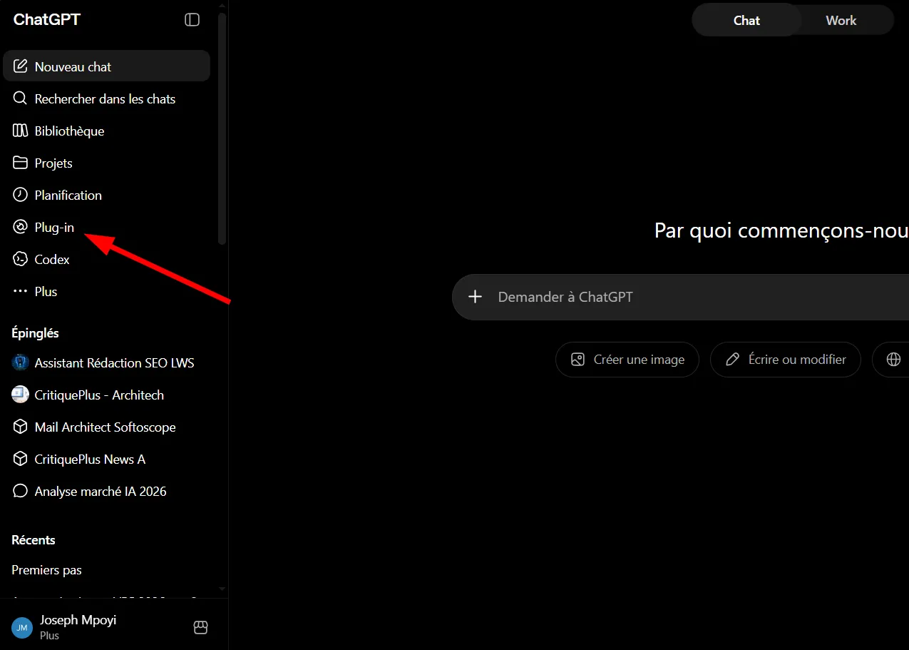 Accéder à la section Plugin dans ChatGPT