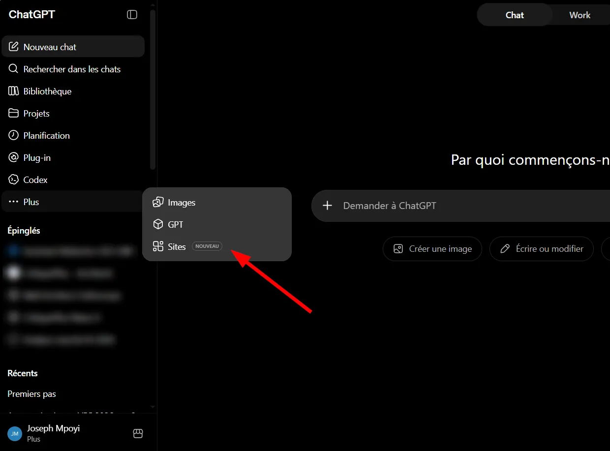 Comment utiliser ChatGPT Sites pour créer, prévisualiser, publier un site web sans configurer séparément un hébergement ? 2 Accéder à la section Sites depuis Accueil ChatGPT