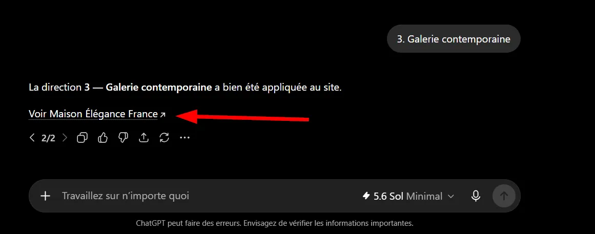 Comment utiliser ChatGPT Sites pour créer, prévisualiser, publier un site web sans configurer séparément un hébergement ? 16 Lien Voir Maison Élégance France après la création du site avec ChatGPT