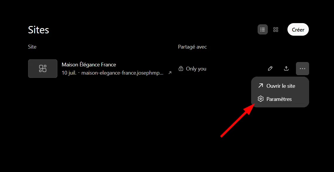 Comment utiliser ChatGPT Sites pour créer, prévisualiser, publier un site web sans configurer séparément un hébergement ? 29 Acceder aux parametres du site