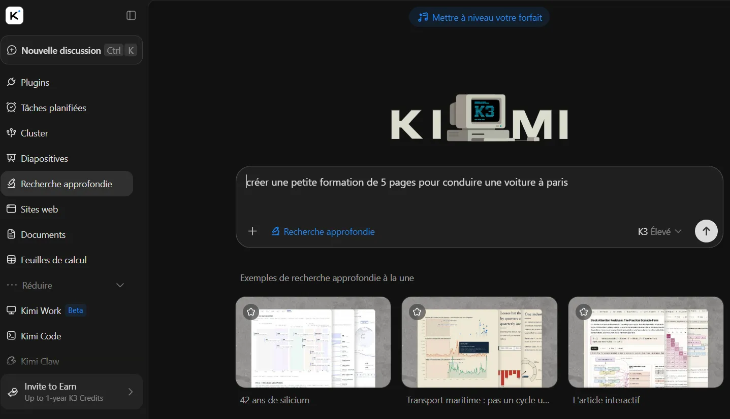 J’ai testé Kimi K3 : guide pas à pas, fonctionnalités et limites 12 Activation de la recherche approfondie avec un prompt dans Kimi K3