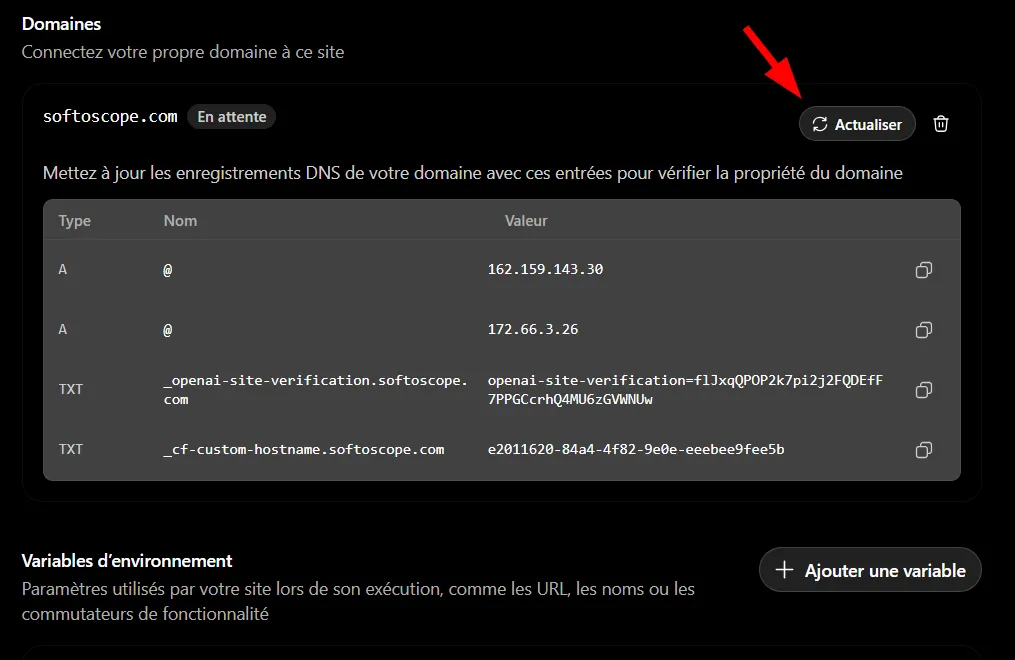 Comment utiliser ChatGPT Sites pour créer, prévisualiser, publier un site web sans configurer séparément un hébergement ? 33 Actualiser le statut du domaine