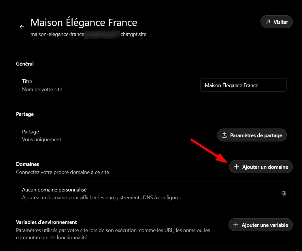 Comment utiliser ChatGPT Sites pour créer, prévisualiser, publier un site web sans configurer séparément un hébergement ? 30 Option Ajouter un domaine dans les paramètres de ChatGPT Sites