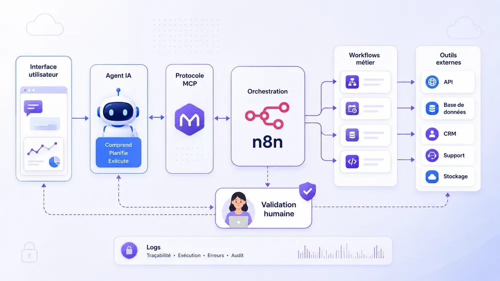 n8n, MCP et agents IA : comment automatiser une infrastructure avec contrôle humain 5 Comment fonctionne une architecture n8n + MCP + agent IA ?