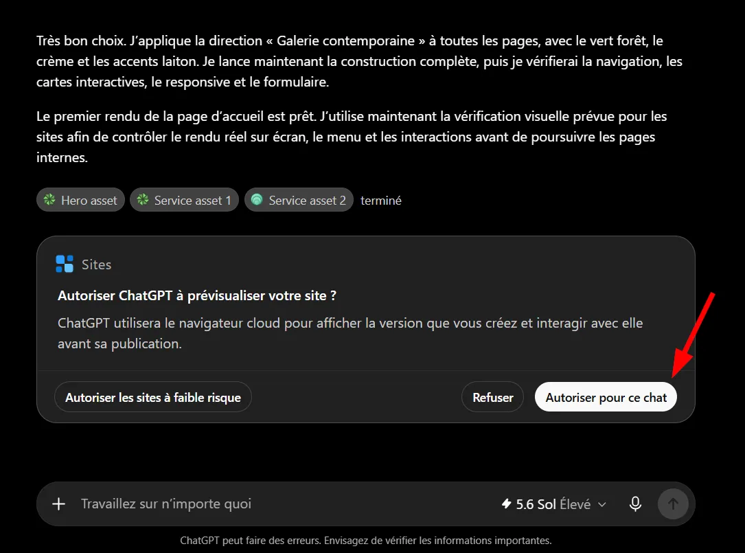 Comment utiliser ChatGPT Sites pour créer, prévisualiser, publier un site web sans configurer séparément un hébergement ? 15 Autorisation du navigateur cloud pour prévisualiser un site ChatGPT
