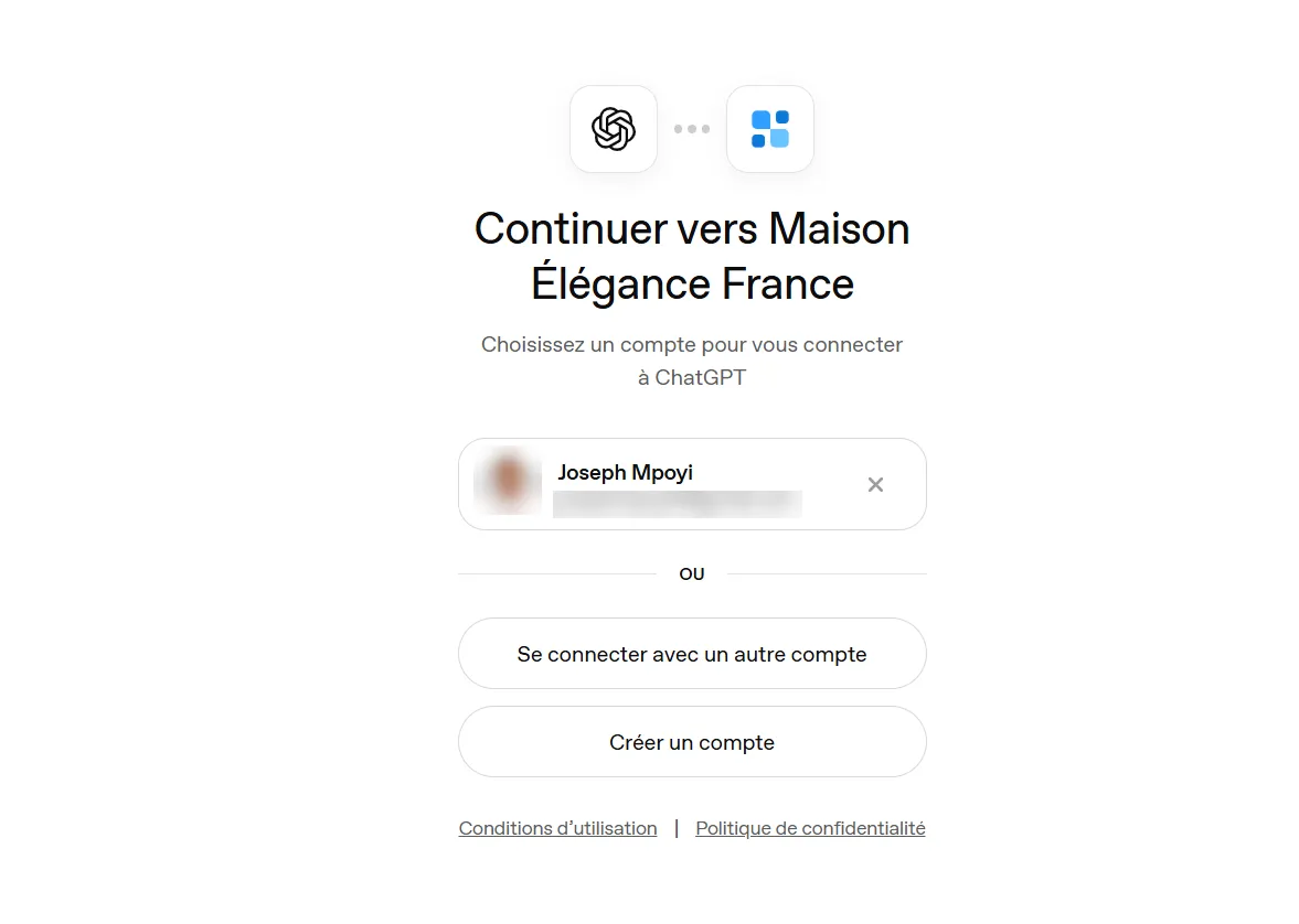 Comment utiliser ChatGPT Sites pour créer, prévisualiser, publier un site web sans configurer séparément un hébergement ? 19 Choix du compte ChatGPT pour se connecter au site Maison Élégance France