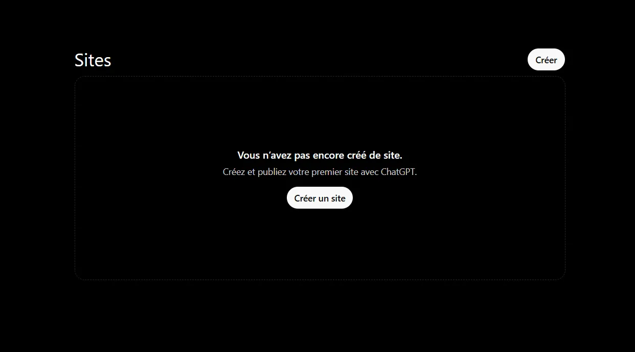 Comment utiliser ChatGPT Sites pour créer, prévisualiser, publier un site web sans configurer séparément un hébergement ? 5 Bouton Créer un site dans la bibliothèque ChatGPT Sites