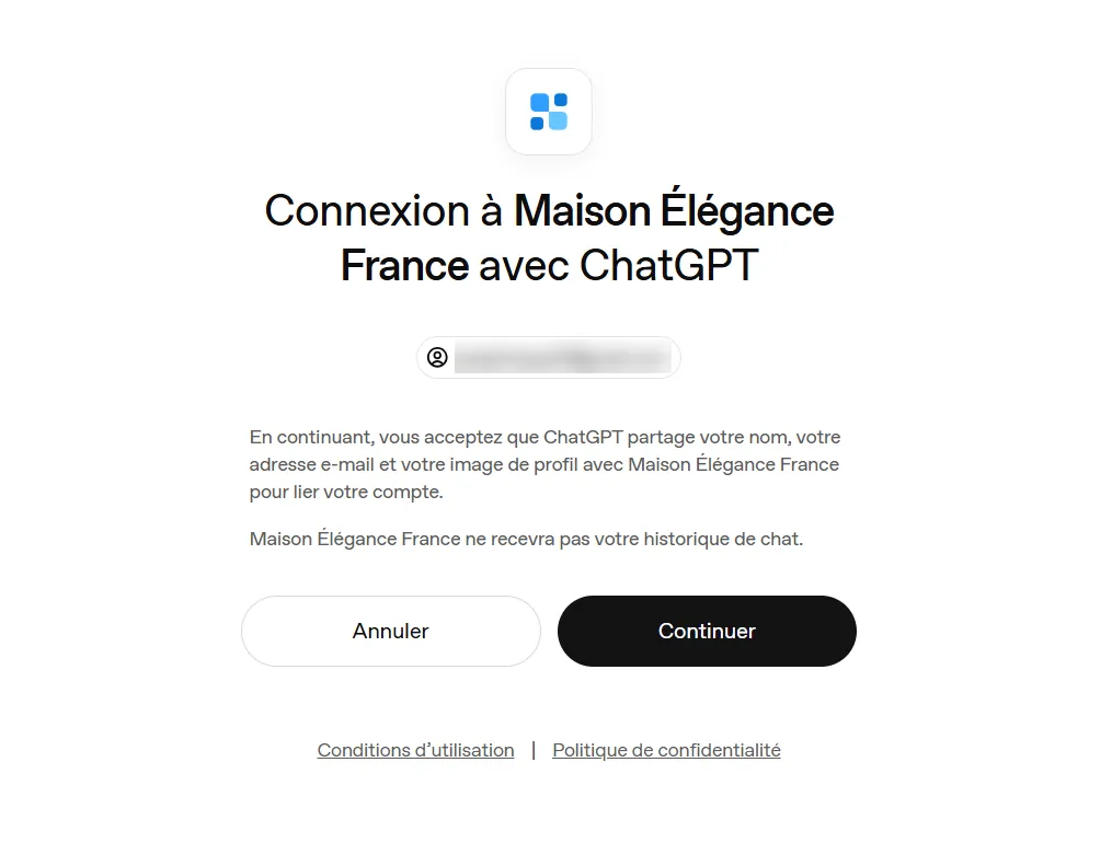 Comment utiliser ChatGPT Sites pour créer, prévisualiser, publier un site web sans configurer séparément un hébergement ? 20 Consentement au partage du nom de l’adresse e-mail et de la photo avec un ChatGPT Site