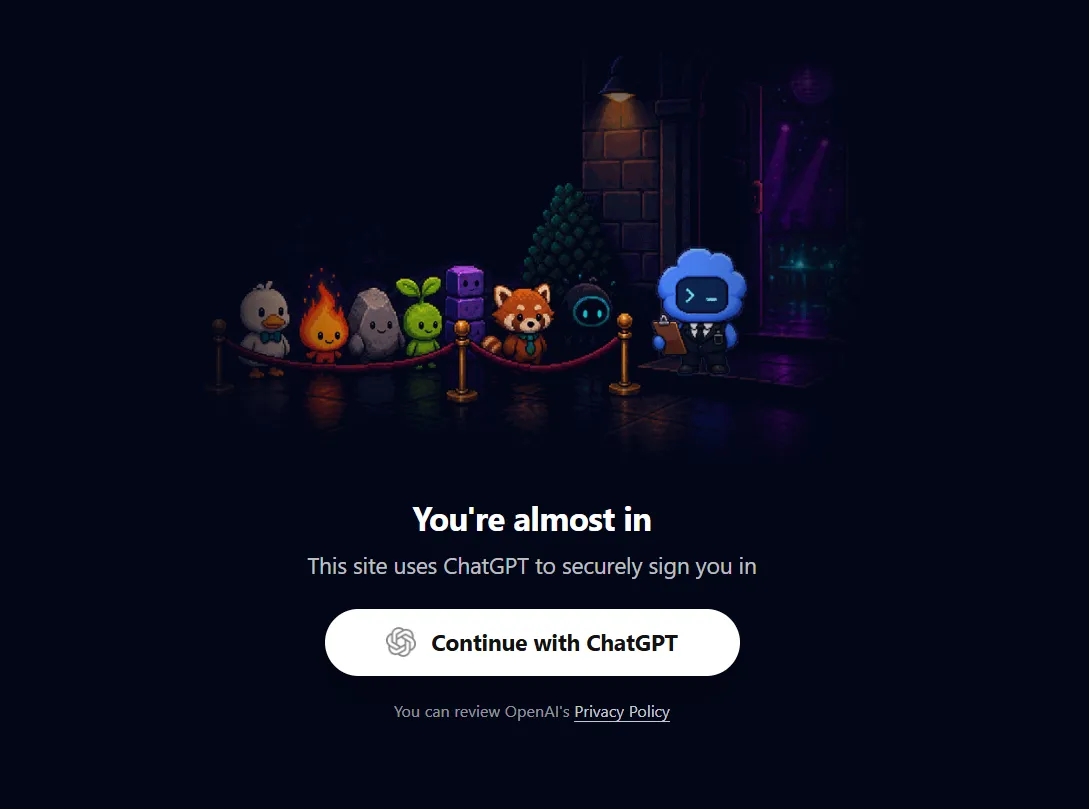 Comment utiliser ChatGPT Sites pour créer, prévisualiser, publier un site web sans configurer séparément un hébergement ? 18 Page Continue with ChatGPT affichée avant l’accès au site créé